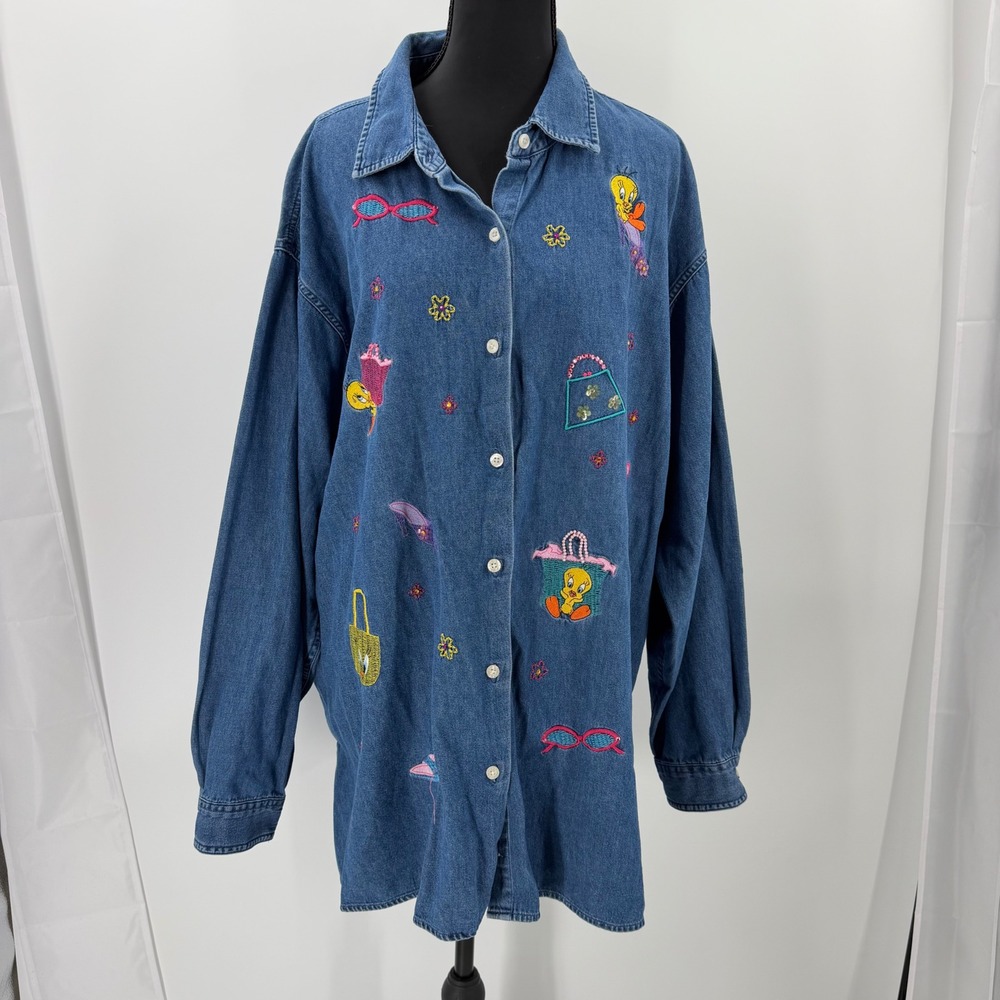 Vintage Warner bros Looney Tunes Tweety Bird Embroidered Denim Button Shirt XL